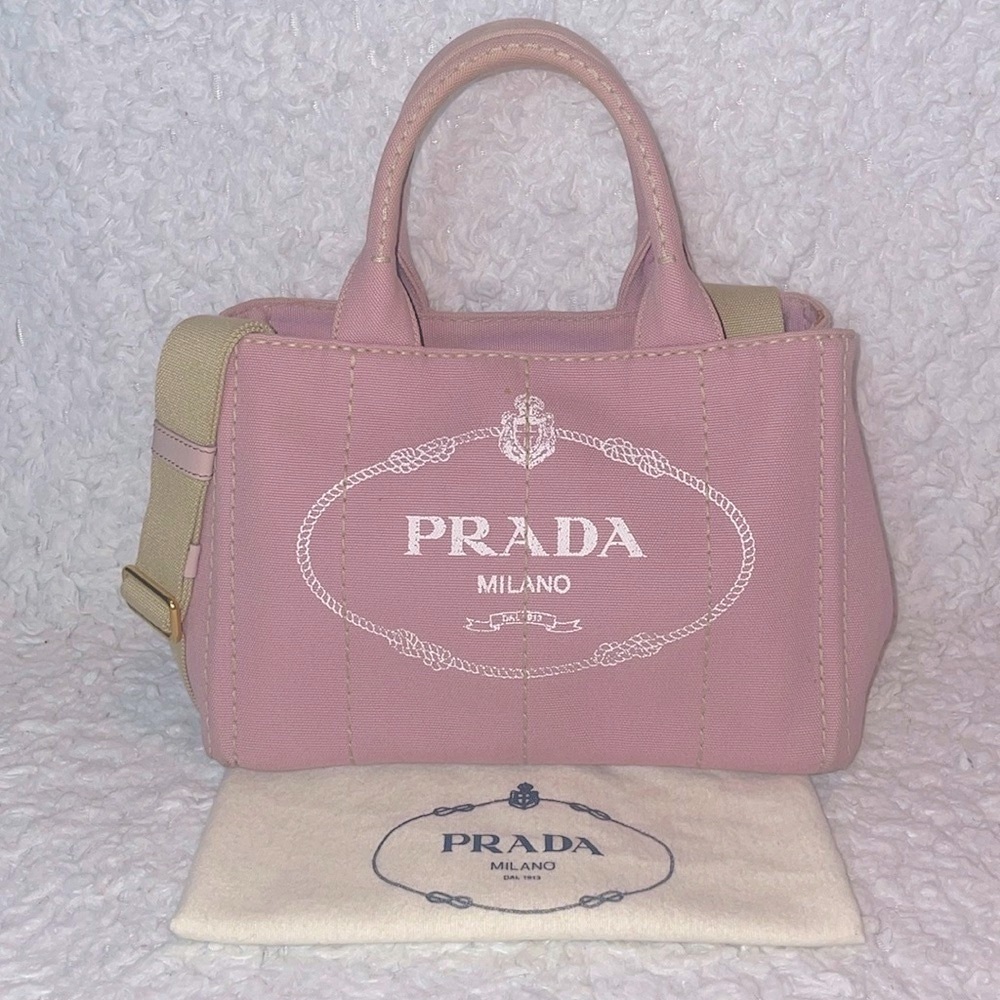 Prada Canapa RARE Light Pink Small Canvas Tote Shoulder Crossbody Bag w/ Strap